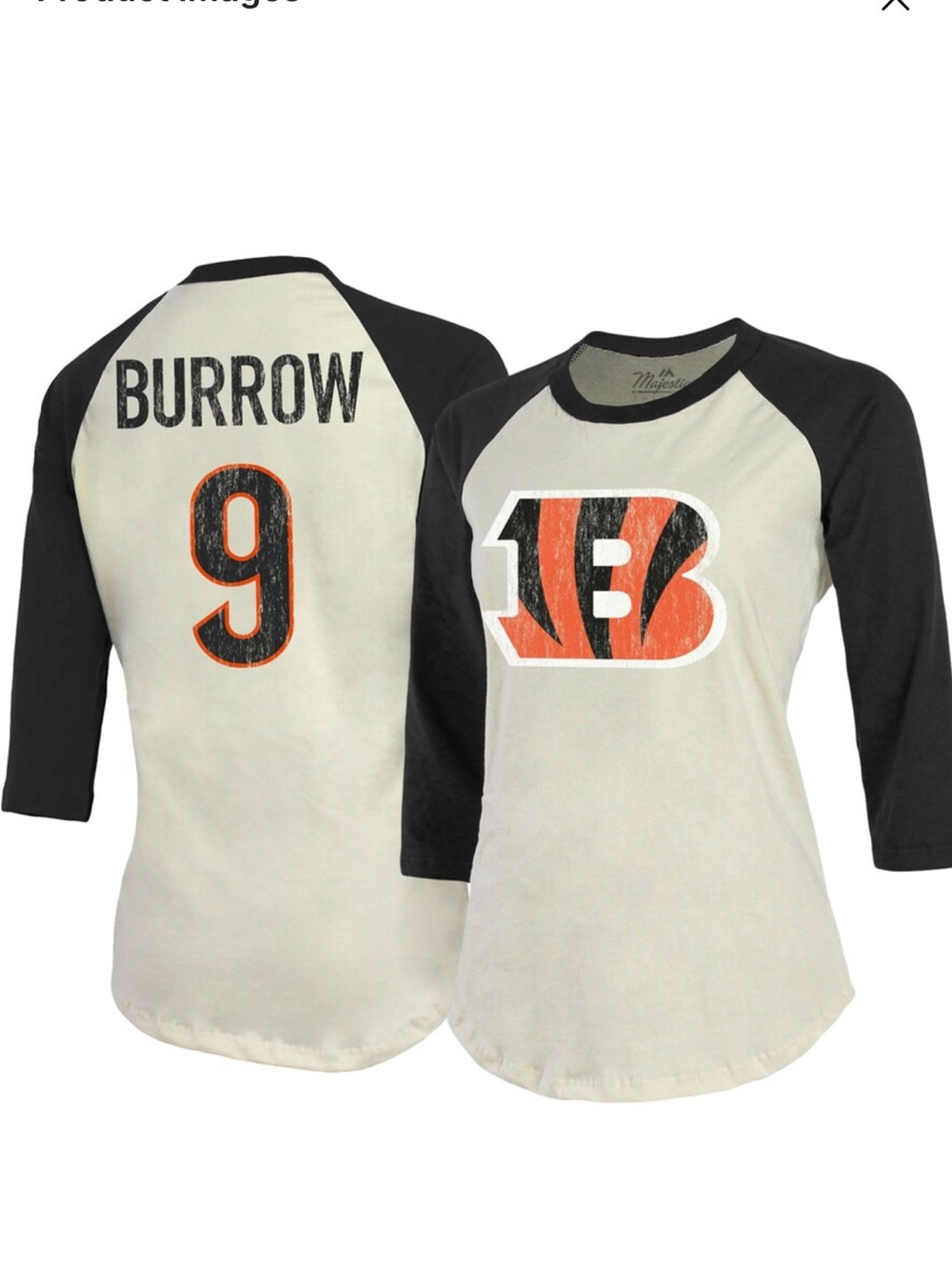 Majestic Threads Bengals “Joe Burrow” Black & Cream Raglan Shirt!
